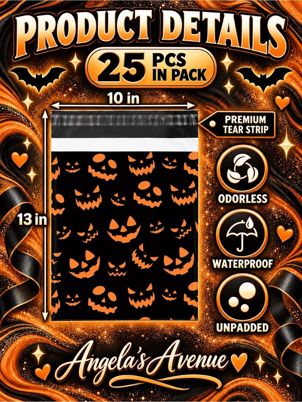 POLY MAILERS HALLOWEEN ORANGE PUMPKIN FACE (25 Pack) SIZE 10 × 13